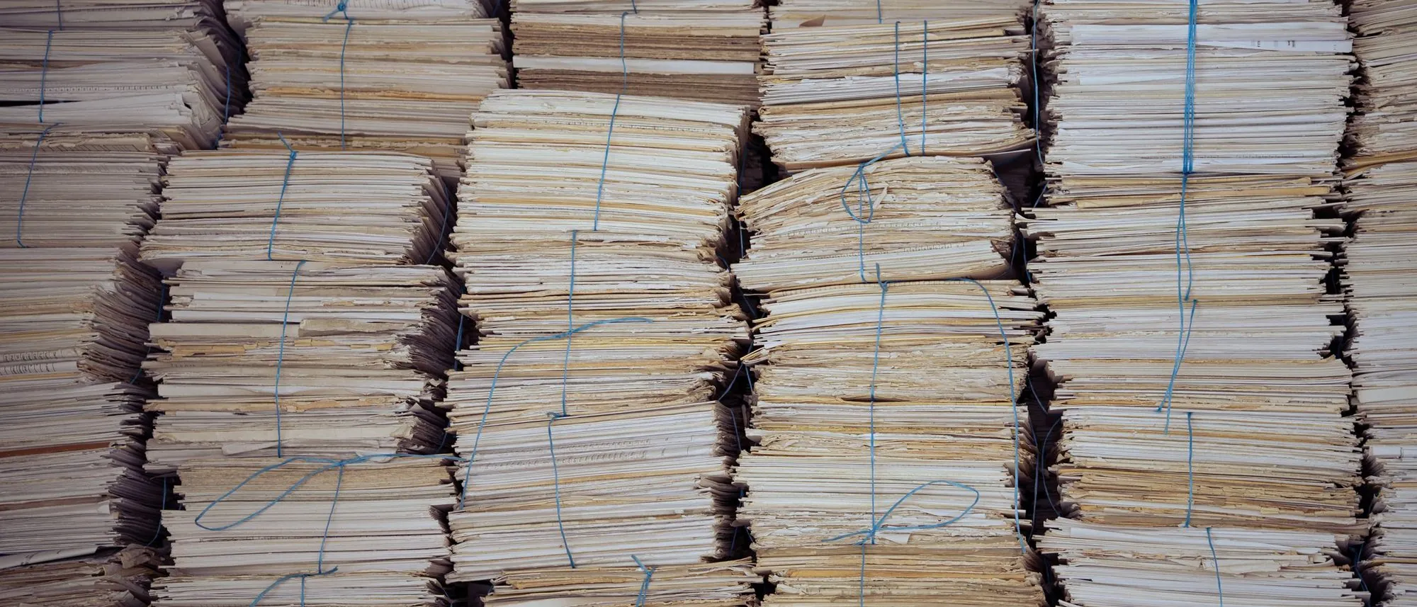 Tall bundles of paper tied with string are stacked in neat rows.