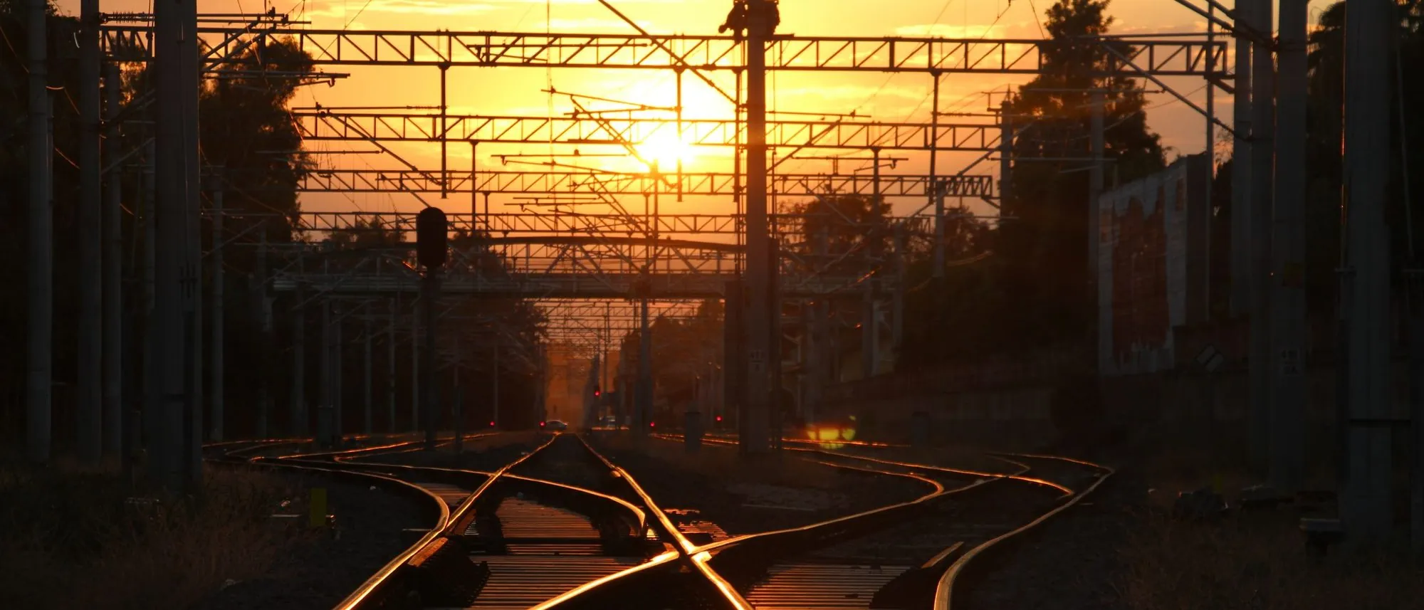 Railway tracks splitting at a set of points in low gold light.