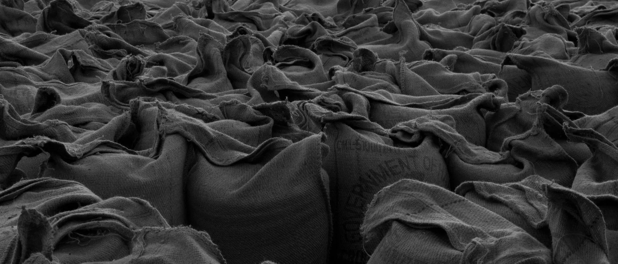 Densely stacked sacks of wheat fill the frame in black and white.
