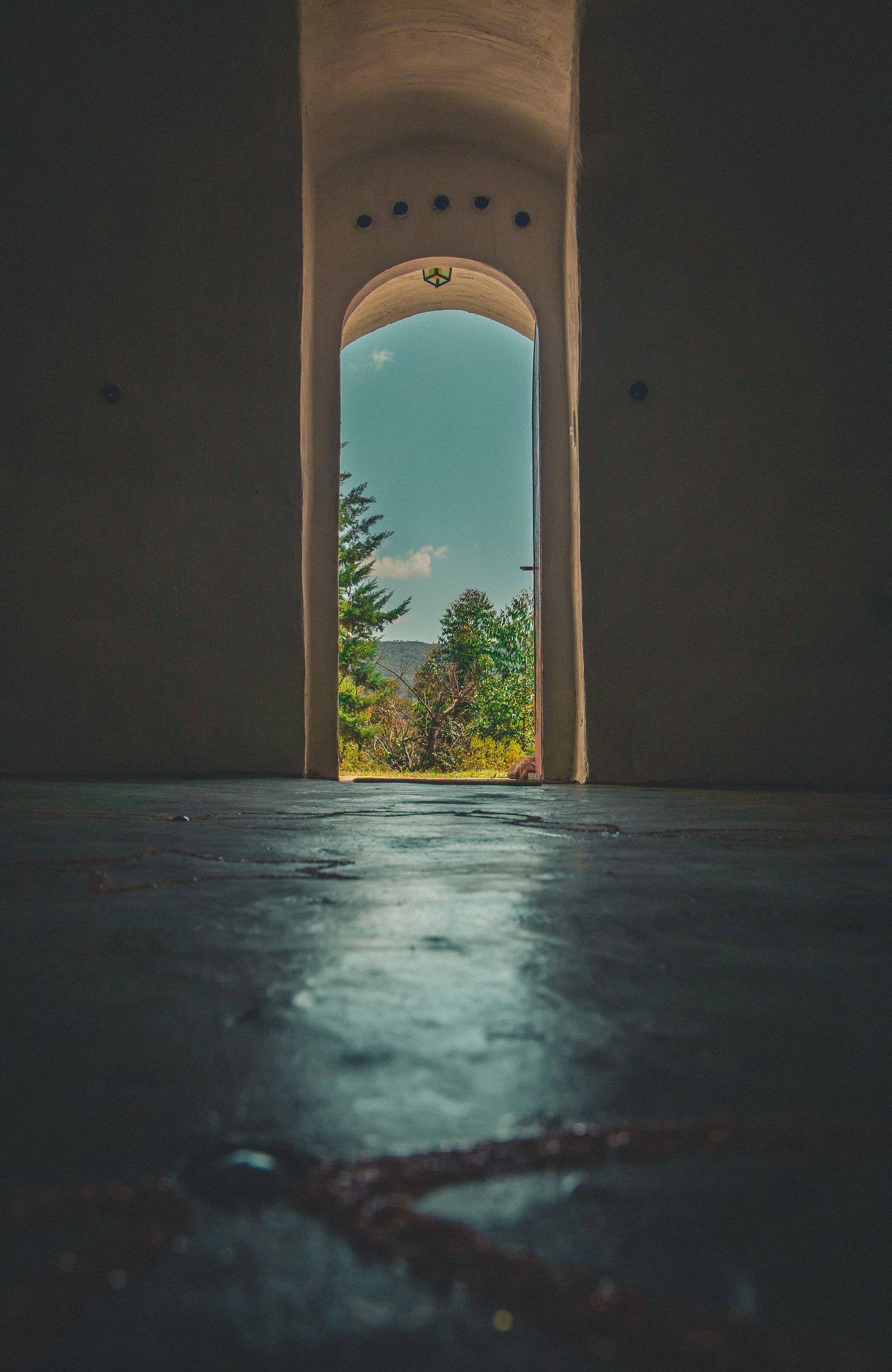 A dark stone archway opens onto a bright sunlit landscape.