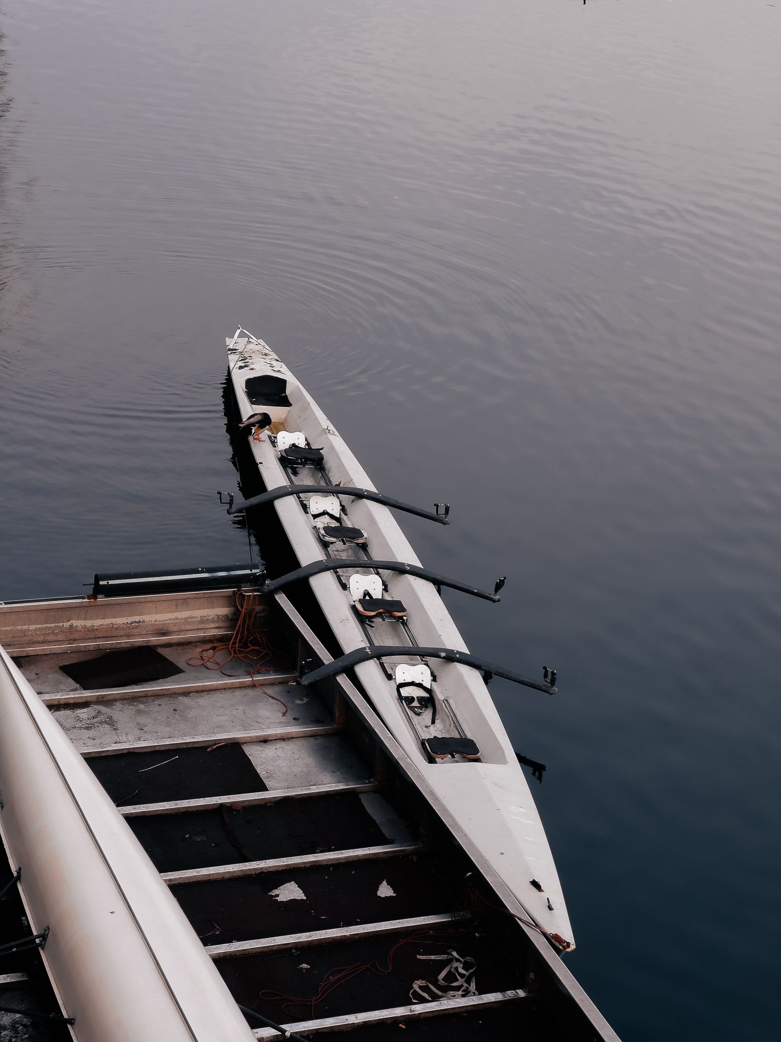 An empty four-person rowing boat moored on calm water.