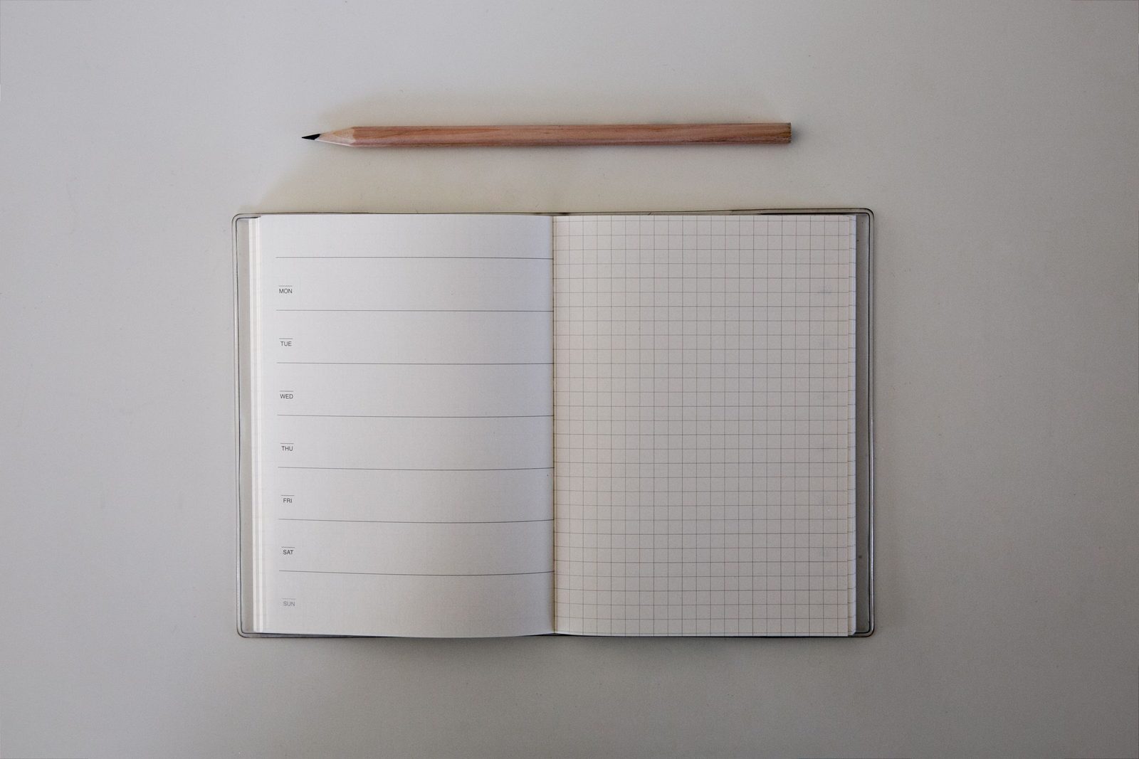 An open journal with lined and squared pages and a pencil lying across it.