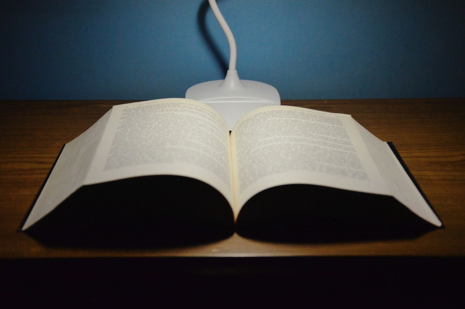 An open book under a white desk lamp on a wooden table against a blue wall.