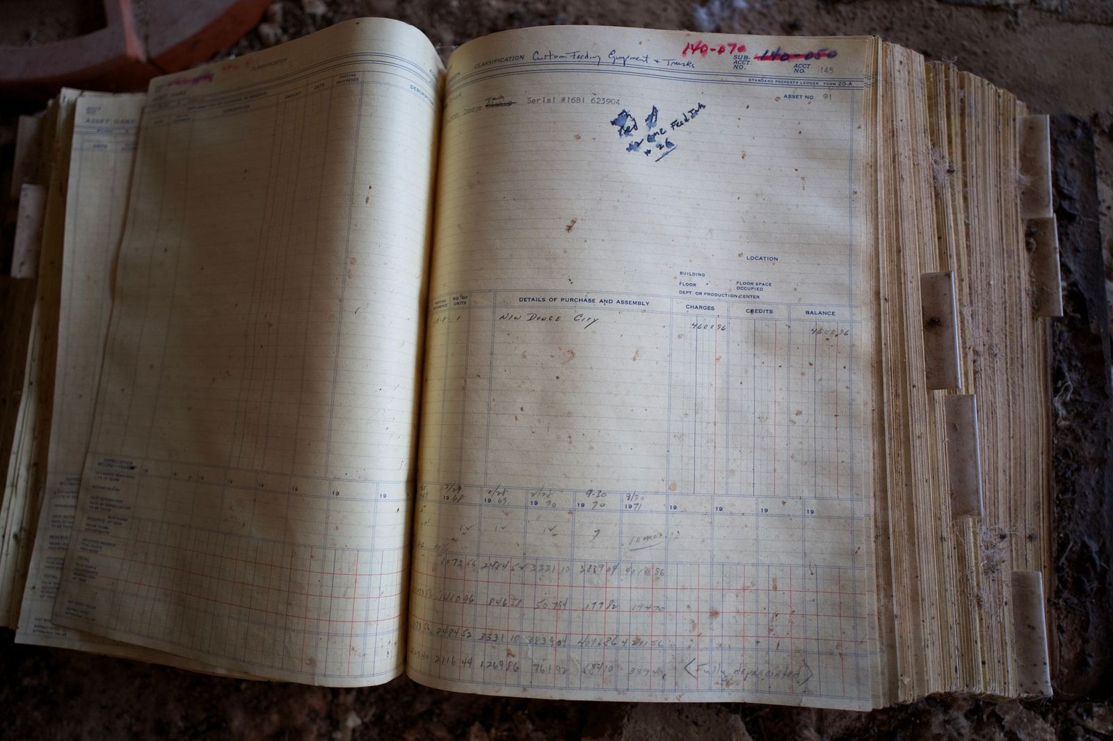 An old ledger lying open at a two-page spread of handwritten entries