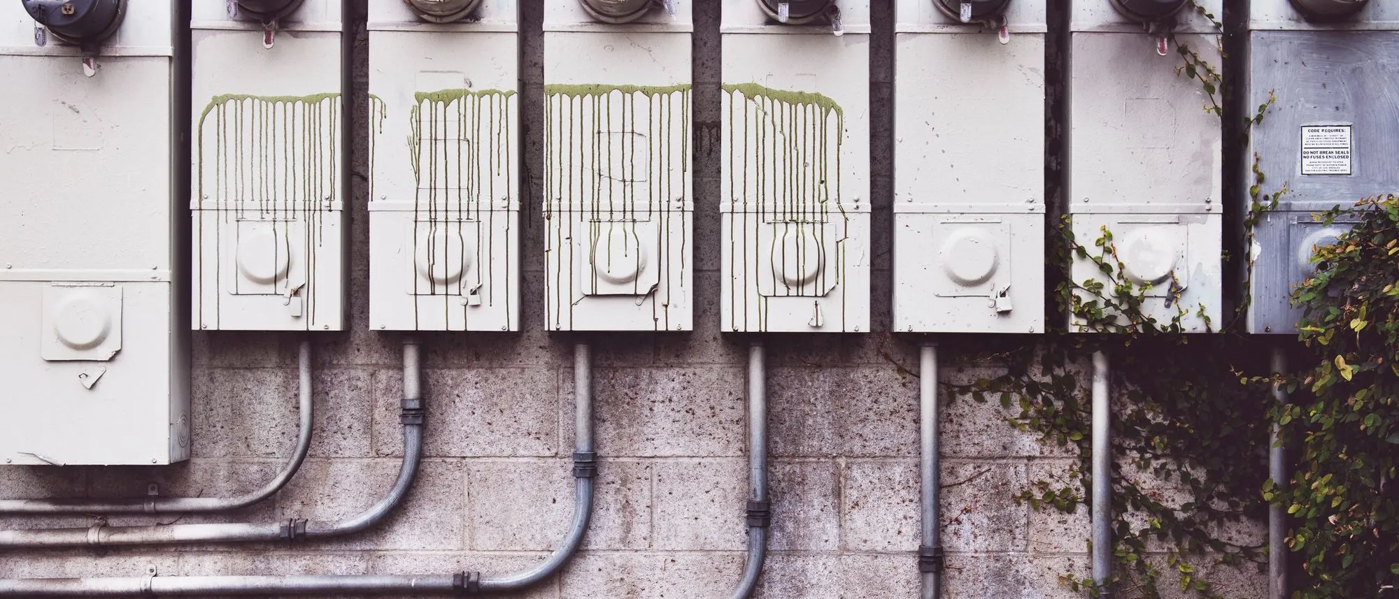 A row of outdoor electricity meters on a brick wall with vines growing around them.