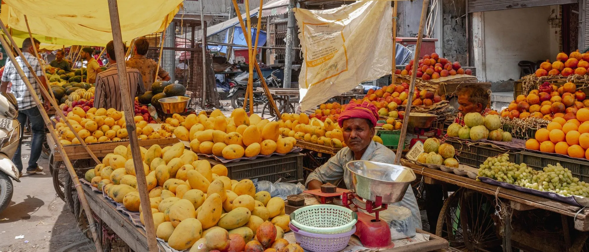 Fresh fruit is piled high on the stalls of an outdoor market in Delhi.