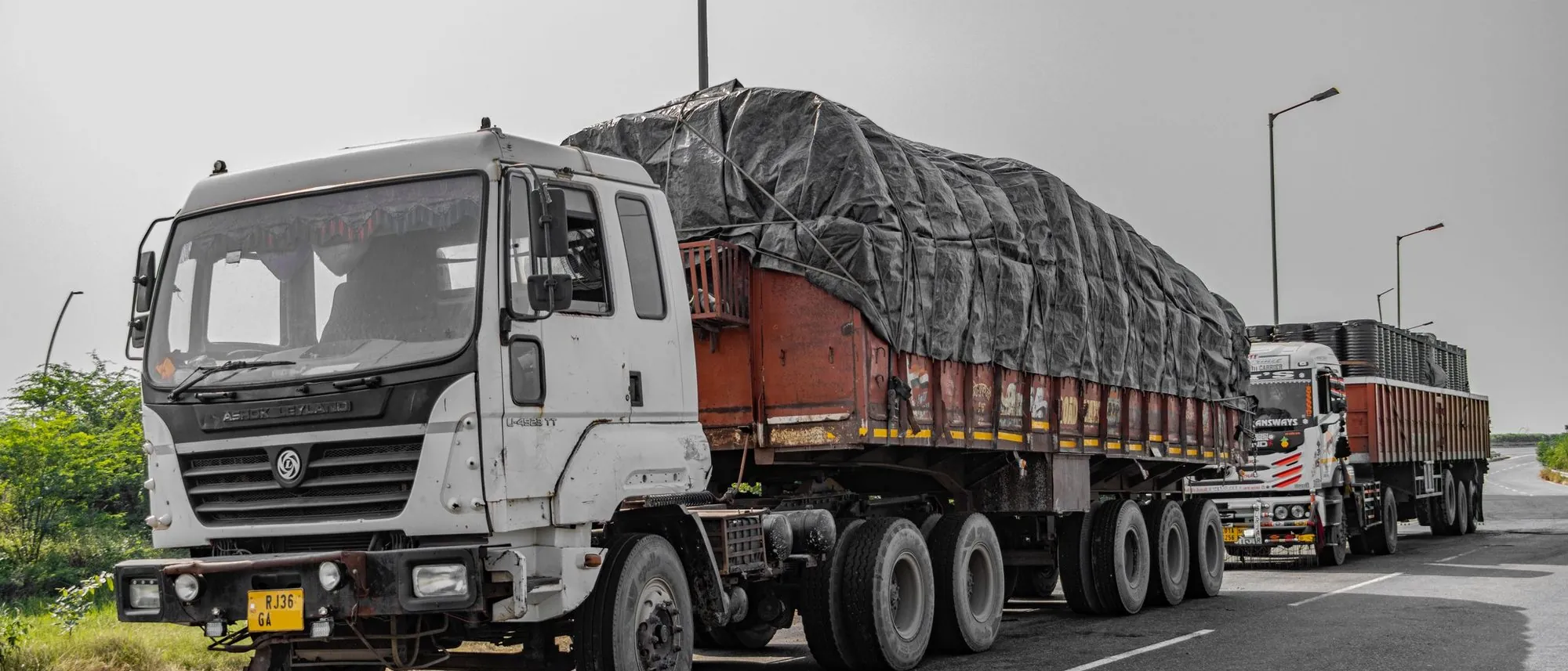 Heavy cargo trucks stand parked along a highway near Deeg in Uttar Pradesh.
