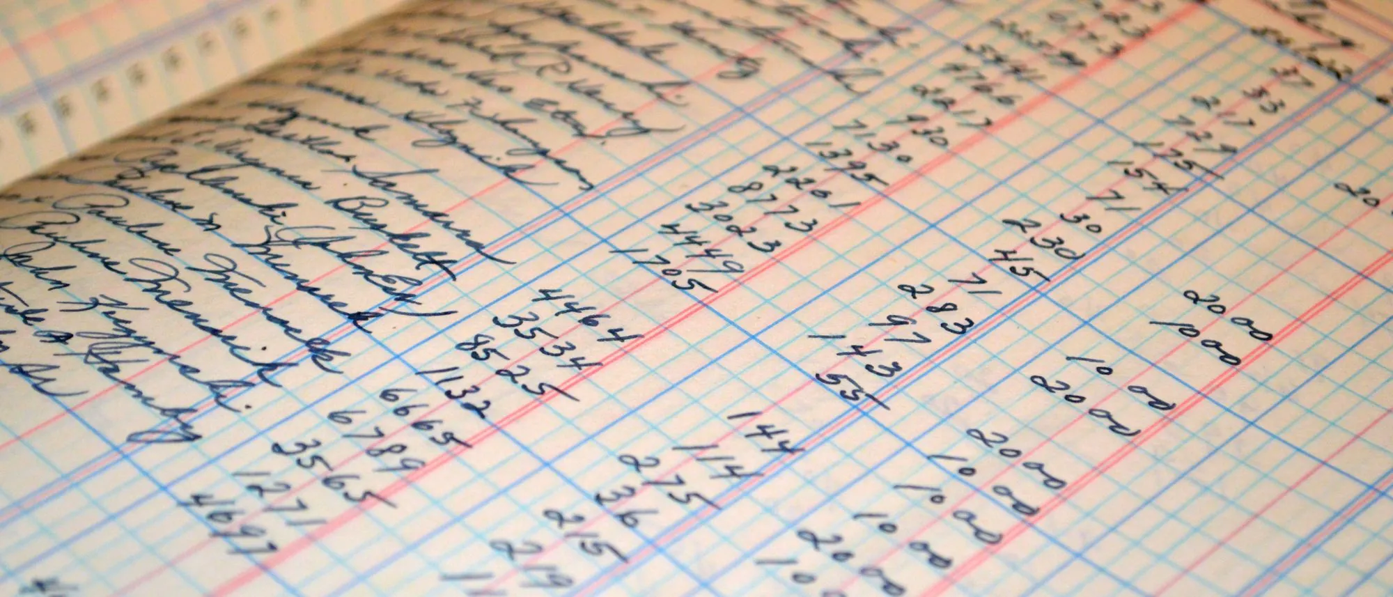 Close-up of a vintage ledger page filled with cursive handwritten figures
