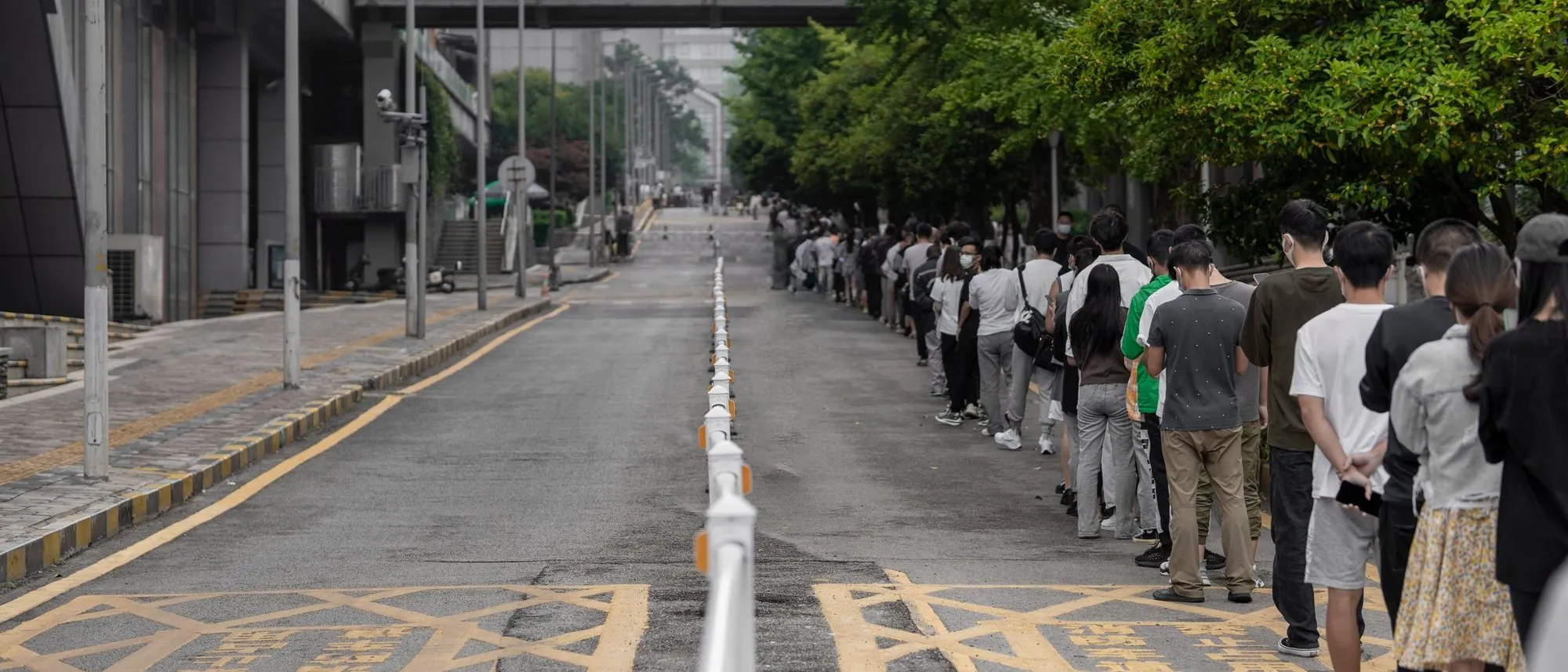 A long queue of people seen from behind, stretching down a city street