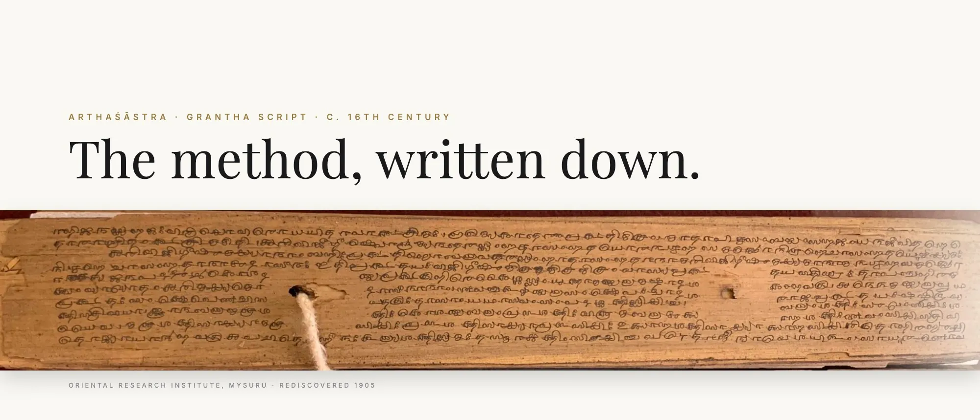 One palm leaf of the rediscovered sixteenth-century Arthashastra manuscript in Grantha script, laid across paper under the words The method, written down