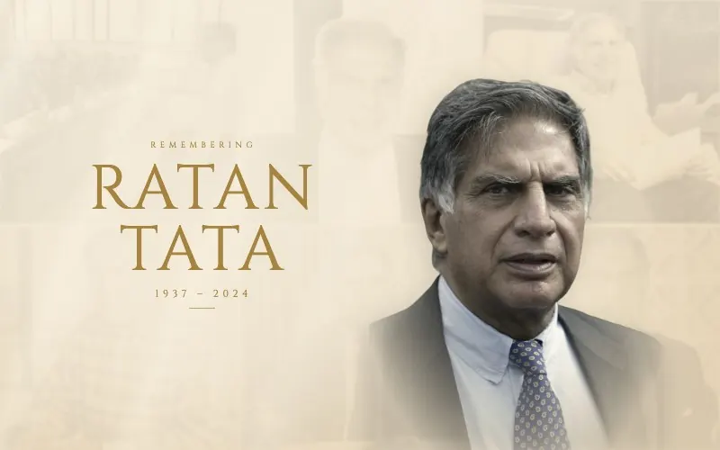 Remembering Ratan Tata, 1937 to 2024: his name in gold capitals on warm paper, a portrait of him in a dark suit at the right, archive photographs faded behind