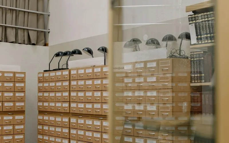 Rows of small wooden catalogue drawers beneath a pair of classic desk lamps.