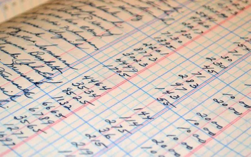 Close-up of a vintage ledger page filled with cursive handwritten figures