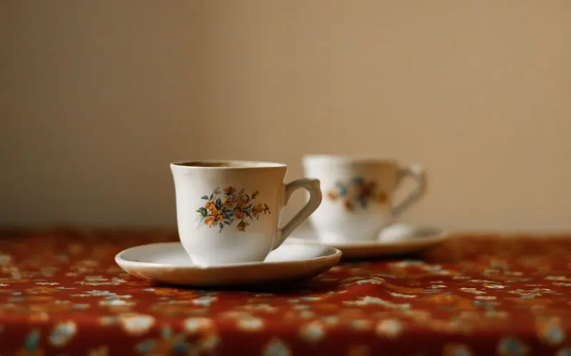 Two floral teacups sit on a richly patterned tablecloth.