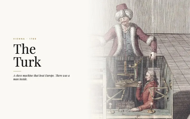 Racknitz's 1789 engraving of the Turk chess automaton with its cabinet open and the hidden operator inside, set beside the words The Turk on paper