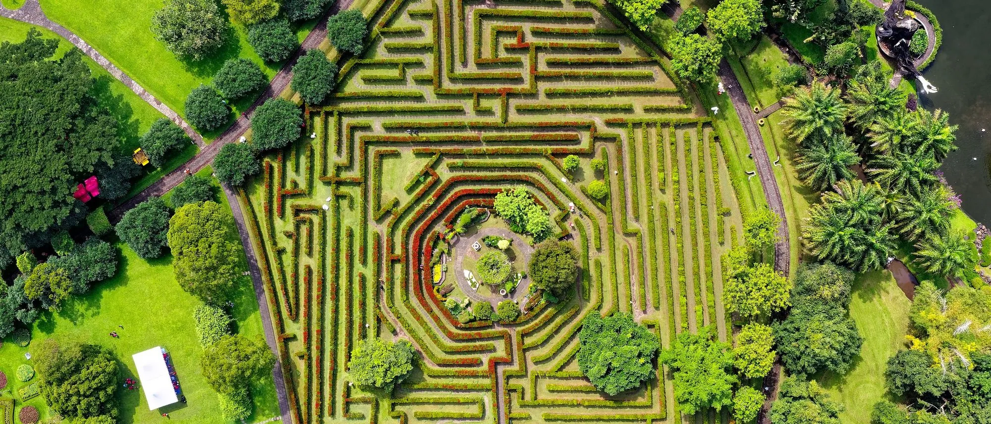 An aerial view of a hedge maze laid out in a garden in Sukaresmi in West Java.